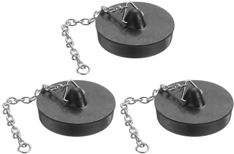 uxcell 3Pcs 1.77 Bathtub Drain Stopper, Universal Rubber Sink Cover Plug with 3 Chain, Drain Cover Strainer Blocker for Home Bathroom Tub and Kitchen Sink, Black
