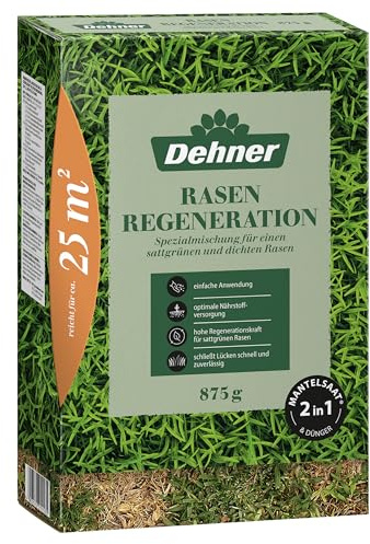 Dehner Rasen-Reparatur Regeneration, Saatgut und Dünger in einem für strapazierfähigen Rasen, schnell keimend, ideal für beschädigte Rasenflächen, FSC-zertifizierte Verpackung, 875 g für ca. 25 m² | für strapazierfähigen Rasen, schnell keimend, pflegeleicht, für beschädigte Rasenflächen, FSC-zertifizierte Verpackung
