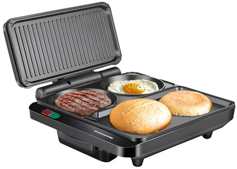 OVENTE Sandwich Maker and Hamburger Grill Machine with Non-Stick Griddle and Griller Plate, 1000W Electric Multipurpose Breakfast Station for Sandwiches, Burgers, Egg Muffin & Pancakes, Black HMG111B
