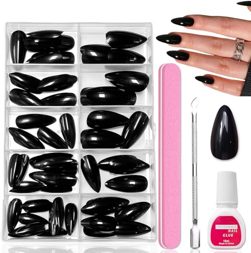 120 Stück Schwarz Künstliche Fingernägel - Mittel Press on Nails Almond - Glossy Einfarbig Nägel Zum Aufkleben Set Für Nail Art - Natürliche Acryl Kunstnägel Zum Aufkleben Für Frauen (Black)