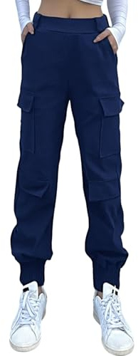 Nuofengkudu Donna Harem Cargo Pantaloni Elastico Vita Alta alla Caviglia Elasticizzati 4 Tasconi Lavoro Pantalone Tasche Laterali Jogging Pants Teenager Sportivi Vintage Classici Casual Blu Navy M