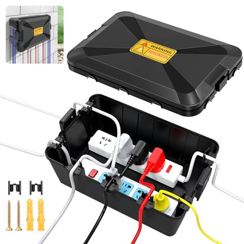 Preciva Outdoor Electrical Waterproof Box, IP54 Rated Connection Box Large Size (12.6x8.3x5.3in) with 7 Cable Entry, Extension Cord Cover for Garden, Patio, Plugs & Timers, Shed, Garage（Black）