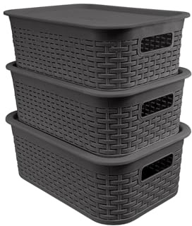 ABBAware 3er Set mit Deckel 18 Liter Aufbewahrungskorb mit Griffen im Rattan-Design, Anthrazit, der Umwelt zuliebe aus recyclebarem PP