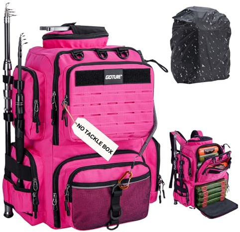 Goture Angelausrüstungs-Rucksack mit 2 Rutenhaltern und Regenschutz | 45L 900D wasserdichte Ausrüstungsaufbewahrung Große Ausrüstungstasche Flaschenhalter Zangentasche für Camping Wandern
