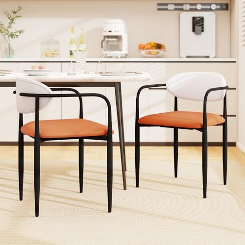 Giantex Modern Dining Chairs Set of 2, Faux Leather Upholstered Kitchen Chairs with Orange Padded Seat, Curved Back, Metal Frame, Boucle Accent Armchairs for Dining Room, Living Room, Restaurant