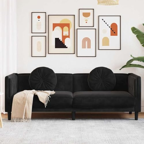 Massbinet 3-Sitzer Modernes Stoff Doppelsofa Sofa mit Kissen Montage für Wohnzimmer Schlafzimmer Schwarz Samt