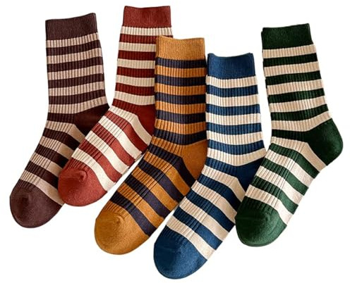 BelleFlair 5 Paia di Calzini a Righe per Donne Colorati, Taglia 35-38, Calzini Retro Divertenti in Cotone, Calzini Invernali Moda da Donna come Regalo
