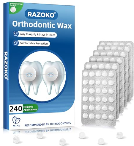 RAZOKO Tandställning vax, ortodontiskt vax mot smärta – 240 tandvaxprickar | mynta | starkt grepp, hygienisk enkel förpackning | för fästen och trådar, rekommenderas av tandläkare
