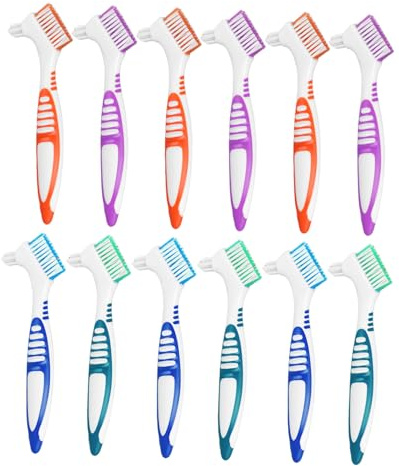 Anneome 12 Pièces Brosse à Dentier Double Face Ergonomique Brosse de Nettoyage Portable pour Prothèses Appareils Orthodontiques et Gouttières Manche Facile à Saisir pour Soins Dentaires à