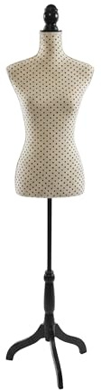 Relaxdays Schneiderpuppe, weiblich, Größe 36/38, verstellbar 130–167 cm, gepunktet, Holzständer, Nähpuppe, beige/schwarz