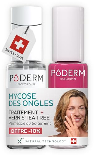 PODERM Sérum Mycose des Ongles + Vernis à Ongles Framboise – Antifongique, Répare & Camoufle les Ongles Jaunis, pour des Ongles Visiblement Plus Sains | Développé par une Podologue | Swiss Made