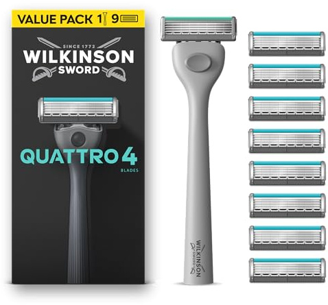 Wilkinson Sword Quattro Men’s Razor Handle, 9 Blade Refills | 4 Diamond Coated Blades, Protective Grid Technology for Less Irritation, Standing Grippy Handle, Face or Body Razors for Men