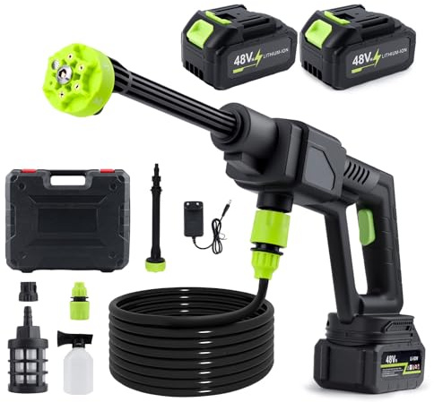Akku Hochdruckreiniger,1060 PSI,6L/Min,48VF Tragbarer Hochdruckreiniger,Mobiler Hochdruckreiniger mit Akku,6-in-1 Multifunktionsdüse und 16FT-Schlauch,Tragbarer Pistole für Auto,Garten,Zäunen,Haushalt