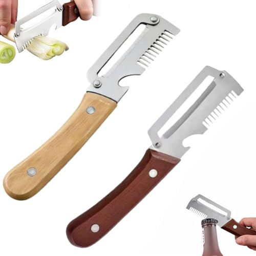 Pelaverdure multifunzione 3 in 1, con manico in legno e apribottiglie, in acciaio inox, per frutta, verdura, patate, carote, cipolle verdi (colori misti, 2 pezzi)