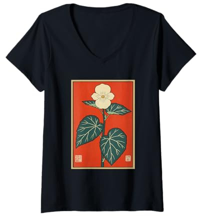 Donna Vintage Giapponese Begonia Fiore Retro Giappone Arte Floreale Maglietta con Collo a V