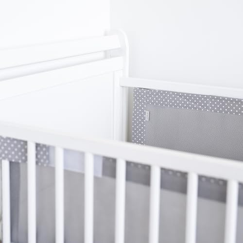 LOOLAY Bettumrandung für 120 x 60 cm Babybett – 2 Teiliges 110 x 30 cm Atmungsaktives Bettumrandung aus Netzstoff – Babybett Umrandungen (Punkte Weiß-Grau/Grau)