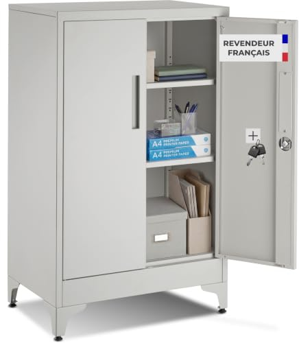 tectake® Armadietto in Metallo Portadocumenti in Acciaio, 60 x 40 x 100 cm, 3 Ripiani Regolabili, Chiusura Magnetica e Chiave, Scaffale Metallo Garage, Mobile Ufficio, Piedini Regolabili - Grigio