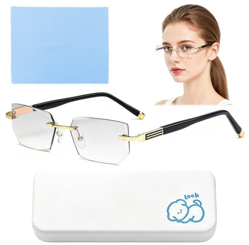 Mudwwk Set Complet 3 Pièces Lunettes de Vue Reglables Automatique Autofocus | Monture métallique dorée avec filtre anti-lumière bleue, étui beige et chiffon bleu inclus pour lecture, bureau et voyage.