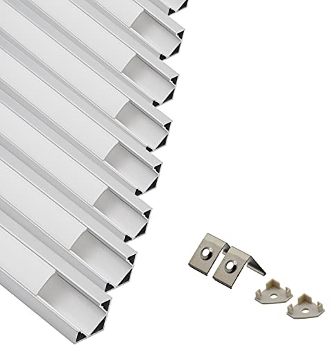 Eurekaled - 10 pezzi di Profilo in Alluminio da 1mt Barra Angolare 45 Gradi per Strisce LED con Cover Opaca in Plexiglass, Tappi e Ganci per il Montaggio cod. 11242