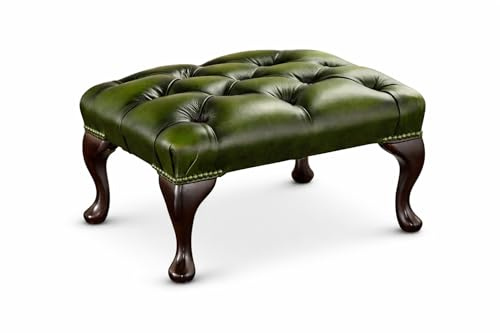The Footstool Company Chesterfield Leather Footstool Antique Green | Button Tufted Upholstered Ottoman Foot Rest with Queen Anne Mahogany Legs | 61 x 45 x 33cm