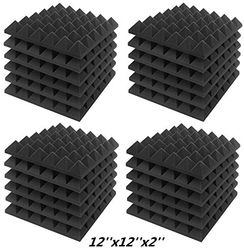 JBER Akustische Schallschaumplatten, 24 Stück 5 x 30 x 30 cm Holzkohle Schallschutzbehandlung Studio Wandpolsterung Schallabsorbierende feuerfeste Pyramiden Schwarz Wandplatte