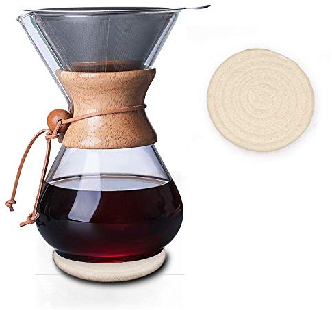 QLESHINING Trähals pour over kaffebryggare med permanent filter och underlägg (800 ml)