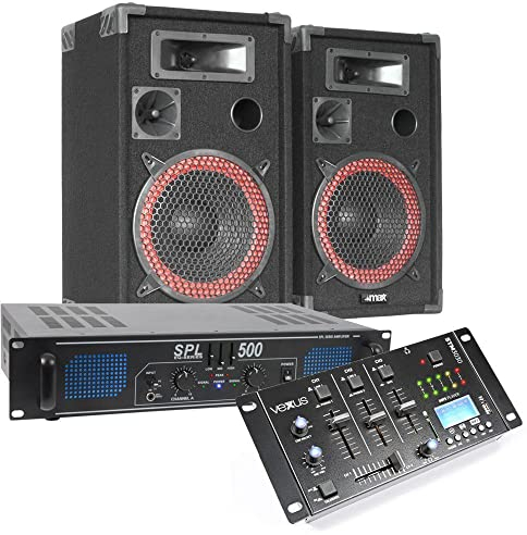 VONYX SKYTEC Kit DJ Complet - Enceinte 500W, Amplificateur Puissant 2X 250W avec Table de Mixage