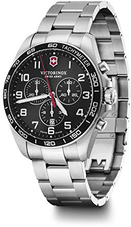 Victorinox Herren Armbanduhr FieldForce Classic Chrono Ø 42 mm, Swiss Made, Analog Quarz, Wasserdicht bis 100 m, Edelstahl-Armband, Schwarz/Silber
