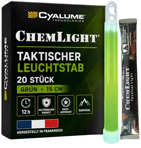 Cyalume Leuchtstab 15 cm, Original Militärische ChemLight Lightsticks In Grün (20-er Pack), Hohe Brenndauer Von 12 Stunden, 100% Konform Mit Den NATO-Spezifikationen, Militärtauglich, REACH-konform