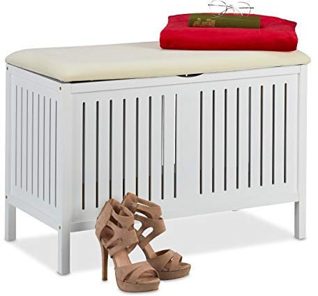 Relaxdays Banco con Almacenaje, Tapizado, 80 L Almacenamiento, Estilo Casa de Campo, Madera, Asiento 56x78x39 cm, Blanco
