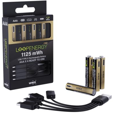 VERICO LoopEnergy Pro AAA 1125 Wiederaufladbare USB-C Batterie AAA 1,5V 1125 mWh (750mAh) Li-Ion, 4 Stück, Schnellladung via USB-C Anschluss in ca. 2 h, 4er Pack, 1 Kabel USB -A auf 4 x USB-C