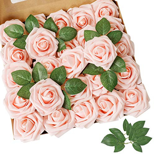 AmyHomie Artificial Flower Blush Pink Rose 25pcs Real Looking Fake Roses w/Stem for DIY Wedding Bouquets Centerpieces Arrangements Party Baby Shower Valentines Day Christmas Tree Decorations