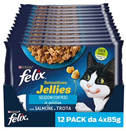 FELIX Sensations Cibo Umido per Gatti Adulti in Gelatina con Gamberetti, Trota e Spinaci 48 Buste da 85g