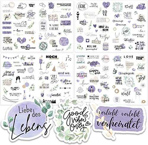 Sticker Hochzeit Gästebuch (164 Motive) - Vintage Hochzeit Aufkleber für Gästebuch oder Fotoalbum mit viel Liebe - Love Stickers für Scrapbook oder Bullet Journal - Wedding Deko mit Herz - Lavendel