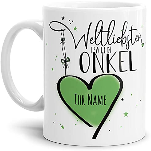 Tassendruck Keramik Tasse - Weltliebster Patenonkel - zum selbst gestalten mit Name - Geschenk für den besten Patenonkel - Weiß, 300 ml