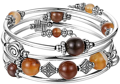 Bulinlin Damen Wickelarmband mit Achat Stein Silber Mehrschichtiges Perlen Armbänder Geburtstags Modeschmuck Geschenk für Frauen(Brown)
