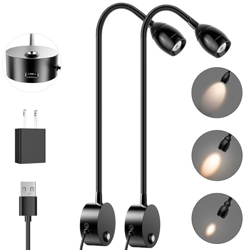 Wall Mounted LED Reading Light with 15 Flexible Gooseneck, Focused Adjustable Book Light for Reading In Bed with 3000K Warm Light, Plug In Dimmable Bedside Headboard Night Lamp, Touch Control-2 Pack