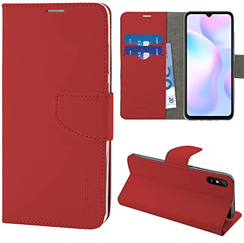 N NEWTOP Cover Compatibile per Xiaomi Redmi 9A / 9AT, HQ Lateral Custodia Libro Flip Chiusura Magnetica Portafoglio Simil Pelle Stand (Rosso)