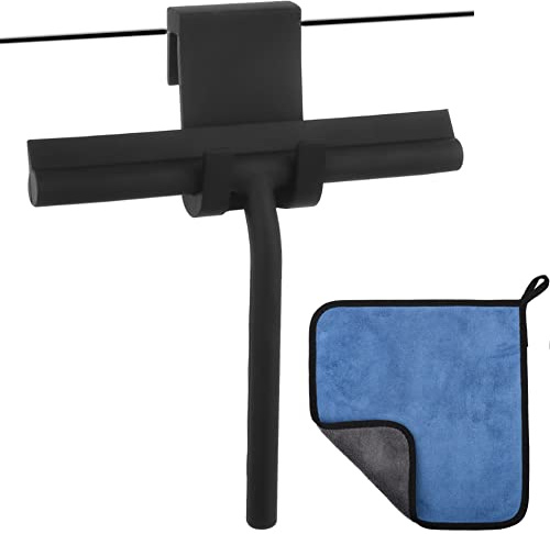 cocofy Duschskrapa svart matt 21 cm bred, med mikrofiberduk och duschkrok, silikonavdragare professionell duschavdragare gummi avdragare dusch svart stänk dusch duschvägg avdragare duschskrapa