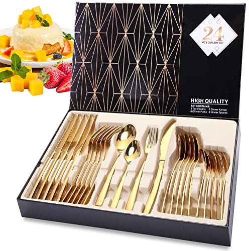 Golden Besteck Set 6 Personen, 24 Stück aus Edelstahl, Messer Gabel Löffel mit Geschenkbox, Essbesteck für Familie/Party/Hotel/Restaurant, Hochglanzpoliert & Einfach zu Reinigen