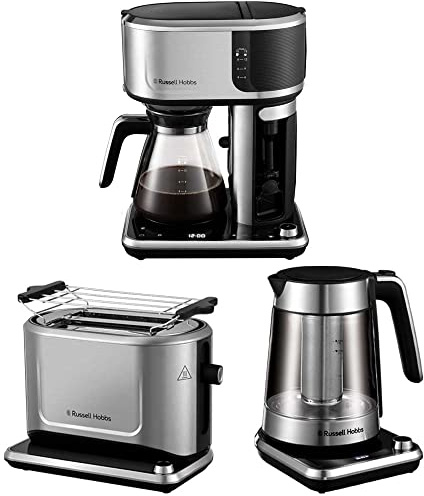 Russell Hobbs Frühstücksset: Glas Kaffeemaschine (Barista: Cold Brew-Funktion, Milchaufschäumer) + Toaster (egal welches Brot) + Wasserkocher Glas (Temperatureinstellung & Teesieb) [Serie Attentiv]