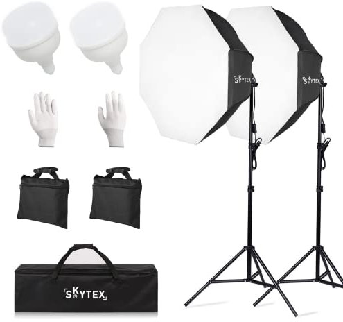 Octa Softbox Kit di illuminazione Skytex, kit di illuminazione continua per fotografia con sacchi di sabbia, diametro 71 cm, lampadina LED da 135 W 5500 K, luci da studio per riprese fotografiche,