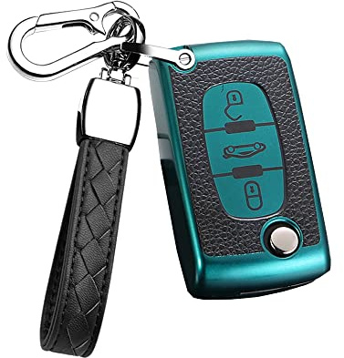 HIBEYO Klappschlüssel Autoschlüssel Hülle passt für Peugeot Schlüsselhülle für Citroen C1 C2 C3 C4 Berlingo für Peugeot 307 207 407 308 Fernbedienung Schlüsselbox TPU Leder Texture 3Tasten-Grün