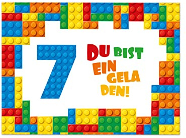 Junaversum 12 Einladungskarten zum 7. Kindergeburtstag Einladung siebte Geburtstag Jungen Bausteine