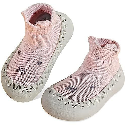JinBei Baby Sock Shoes, Toddlers Soft Sock Shoes with Grips Girls Slipper Socks, Rubber Sole Breathable Cotton First Walking Shoes, Non Slip Pre Walkers Baby Shoes 12-18 Months,Pink
