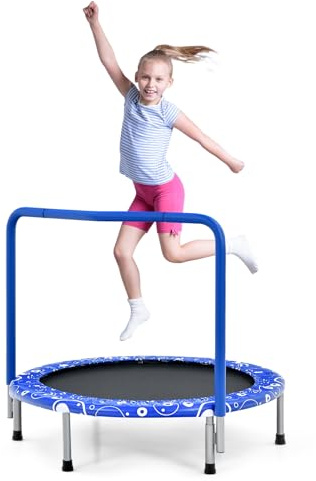 KOMFOTTEU Kinder Mini Trampolin φ92cm, Faltbar, Fitness Mit Haltegriff & Sicherheitsabdeckung, Garten Bis 150kg, Jumping Indoor & Outdoor (Blau)