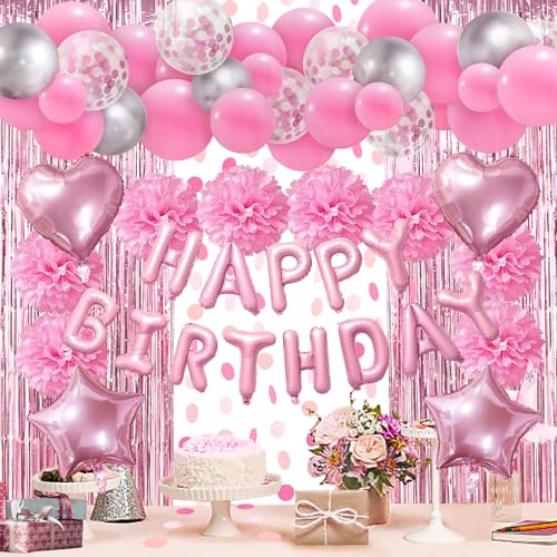 ZERODECO Rosa Geburtstagsdeko, Happy Birthday Girlande Pompons Fransen Vorhang Luftballons Mädchen Geburtstagsdeko Frauen Damen Kindergeburtstag Deko Party Zubehör