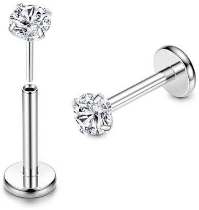 Adramata G23 Titan Lippenpiercing Labret Piercing 16G Threadless Push-in Tragus Piercing CZ Ohrpiercing Schmuck für Monroe/Medusa/Helix/Tragus Ohrring–Nasenpiercing Stecker für Damen Herren(2Pcs),7