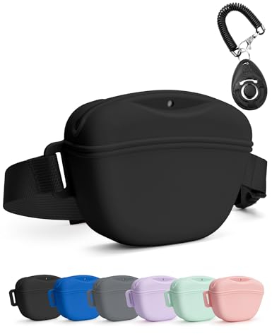 heouvo Hundeleckerli Beutel mit Trainingsklicker, Stärkerer Magnetverschluss Gegen Verschütten, 1,67 Tassen Silikon Leckerli Beutel Gürteltasche mit Hüftgurt für Haustier Training Gassi Gehen