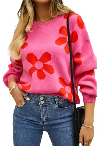 HEYPORK Damen Herbst Winter Warm Bequem Pullover Casual Mode Strickjacke Strickpullover Frauen Bedruckte Pullover Blume Pullover